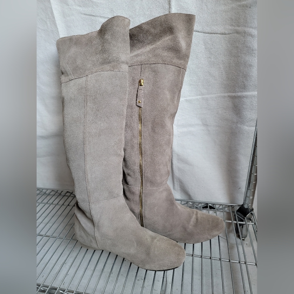 Steve Madden Over the Knee Grey Suede Low Heel Boots with Gold Zippers Size 10
